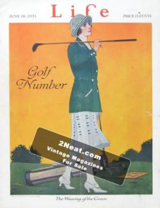 LIFE Magazine 1921-06-16/ Woman golfer wearing smart green and white outfit "The Wearing of the Green," art by C. Coles Phillips