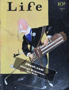 LIFE Magazine 1931-05-08/ Old gentleman accidentally dumping everything out of his golf club bag including a mouse, art by Ed Graham