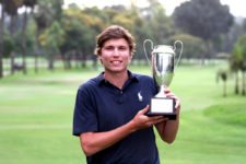 Felipe Navarro of Brazil poses with the trophy as champion of the Developmental Series Final Samsung Tournament at the Country Club La Planicie in Lima, Peru. Walter Mendiola/PGA TOUR