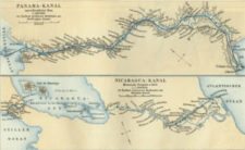 Mapa alemán de 1888 que muestra la ruta propuesta para el canal de Panamá y la ruta alternativa del canal de Nicaragua (cortesía es.wikipedia.org)