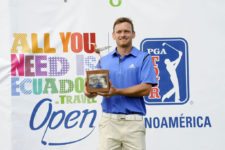 QUITO, ECUADOR - SEPTEMBER 28: Tyler McCumber from USA and the tournament Trophy of during the final round of the Ecuador Open at Quito Tennis and Golf Club on September 28, 2014 in Quito, Ecuador. (Enrique Berardi/PGA TOUR)