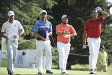 BUENOS AIRES, ARGENTINA (OCT. 24, 2014) Emilio Domínguez, Rafael Echenique, Roberto Díaz y Mauricio Azcué caminan juntos tras pegar sus golpes de salida en el tee del hoyo 14 durante la segunda ronda de la Bridgestone America's Golf Cup en Olivos Golf Club. (Enrique Berardi/PGA TOUR)