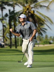 MAZATLAN, MEXICO - (OCT. 12, 2014) Tyler McCumber de Jacksonville, Florida celebra tras embocar un putt de cuatro metros para birdie en el hoyo 72 para forzar un desempate por el título del TransAmerican Power Products CRV Mazatlán Open en Estrella del Mar Golf, Condos & Resort. (Enrique Berardi/PGA TOUR)