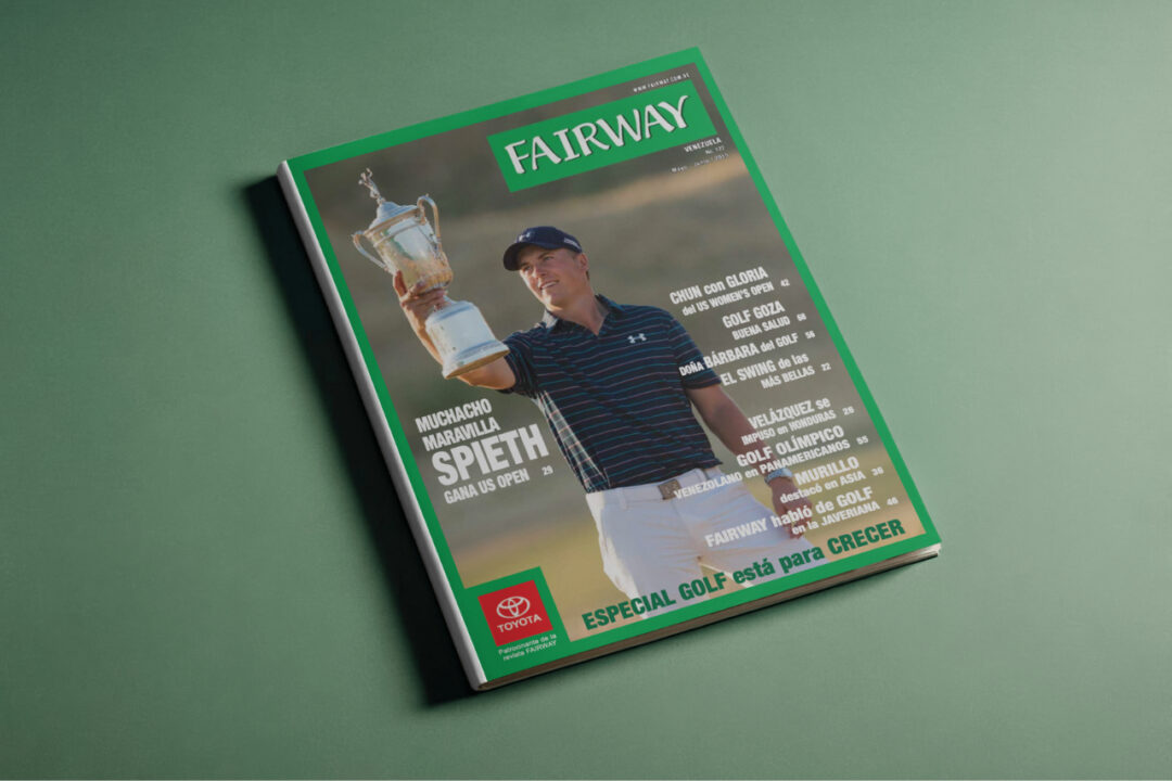 Portada de la Revista Fairway Venezuela número 122, con Jordan Spieth celebrando el US Open y titulares sobre Diego Velásquez y el golf en Asia.