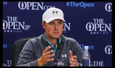 Jordan Spieth interviewed by the media during a press conference after his third round (Photo by Ross Kinnaird-R&A-R&A via Getty Images)