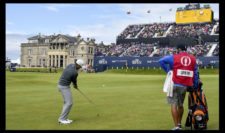 Jordan Spieth of the United States chips onto the 18th green during the third round of the 144th Open Championship at The Old Course on July 19, 2015 in St Andrews, Scotland. (Photo by Stuart Franklin-Getty Images)