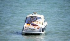 A boat with a sign supporting Sergio Garcia of Spain is seen on the water during a practice round prior to the 2015 PGA Championship at Whistling Straits on August 12, 2015 in Sheboygan, Wisconsin (Photo by Richard Heathcote/Getty Images)