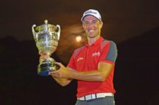 RIO DE JANEIRO, BRAZIL - SEP. 27, 2015: Alexandre Rocha of Brazil holding the tournament trophy after his victory at the Aberto do Brasil presented by Credit Suisse Hedging Griffo at Itanhangá Golf Club on September 27, 2015 in Rio de Janeiro, Brazil. (Enrique Berardi/PGA TOUR)