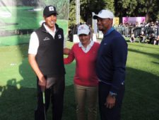 Matt Kuchar, Lorena Ochoa y Tiger Woods durante la clínica que realizaron en el Bosque de Chapultepec / Gentileza: Bridgestone México