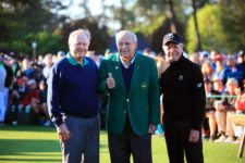 Honorary staters Masters champions Jack Nicklaus, Arnold Palmer, and Gary Player before Round 1 at Augusta National Golf Club on Thursday April 7, 2016 (cortesía Augusta National Inc)