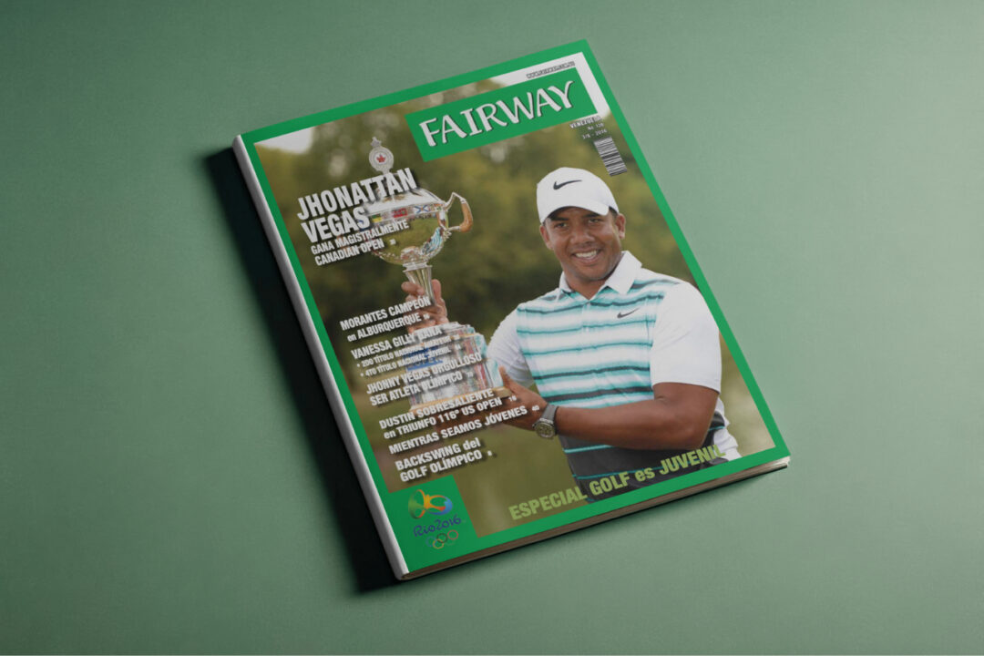 Portada de la Revista Fairway Venezuela número 128, con Jhonattan Vegas celebrando el trofeo del Canadian Open y el logo de Río 2016.