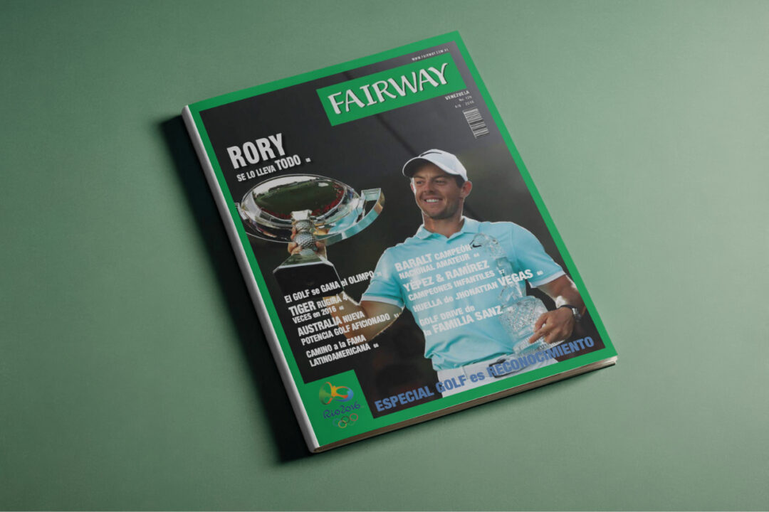 Portada de la Revista Fairway Venezuela número 129 con Rory McIlroy celebrando y titulares sobre el golf en los Juegos Olímpicos de Río 2016.
