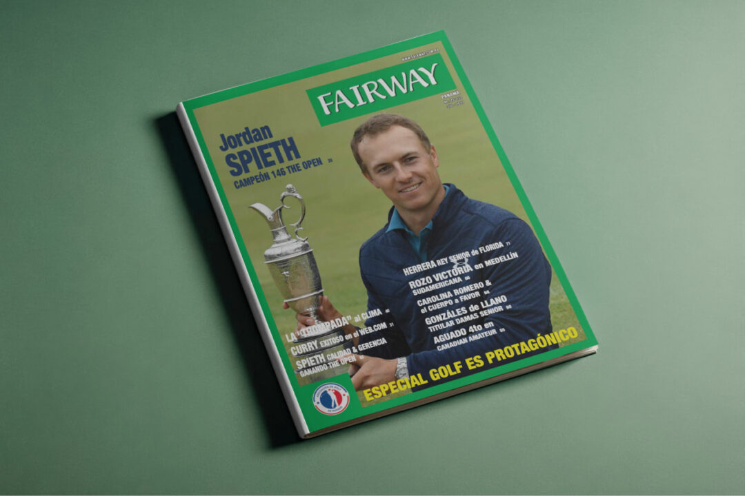 Portada de la Revista Fairway Panamá número 25, con Jordan Spieth celebrando con la Jarra de Clarete y titulares sobre el golf en Panamá y el éxito de Marcelo Rozo.