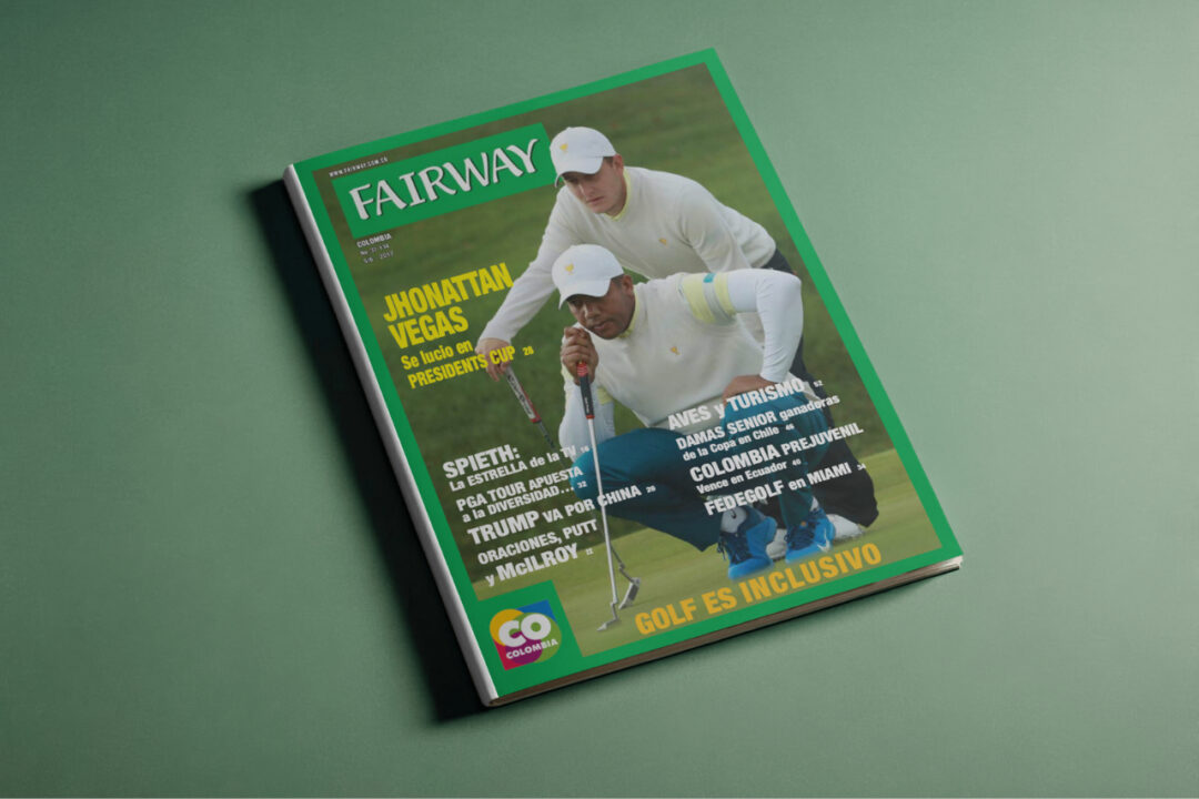 Portada de la Revista Fairway Colombia número 37, destacando a Jhonattan Vegas en la Presidents Cup y noticias sobre el equipo prejuvenil de Colombia.