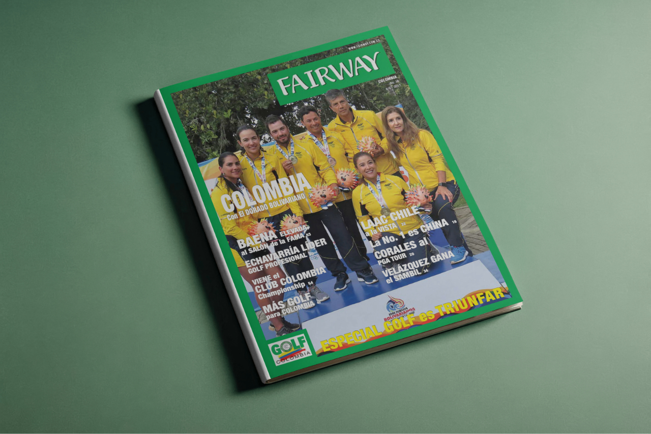 Portada de la Revista Fairway Colombia número 38, con atletas celebrando el oro en los Juegos Bolivarianos y titulares sobre Nicolás Echavarría y Marisa Baena.