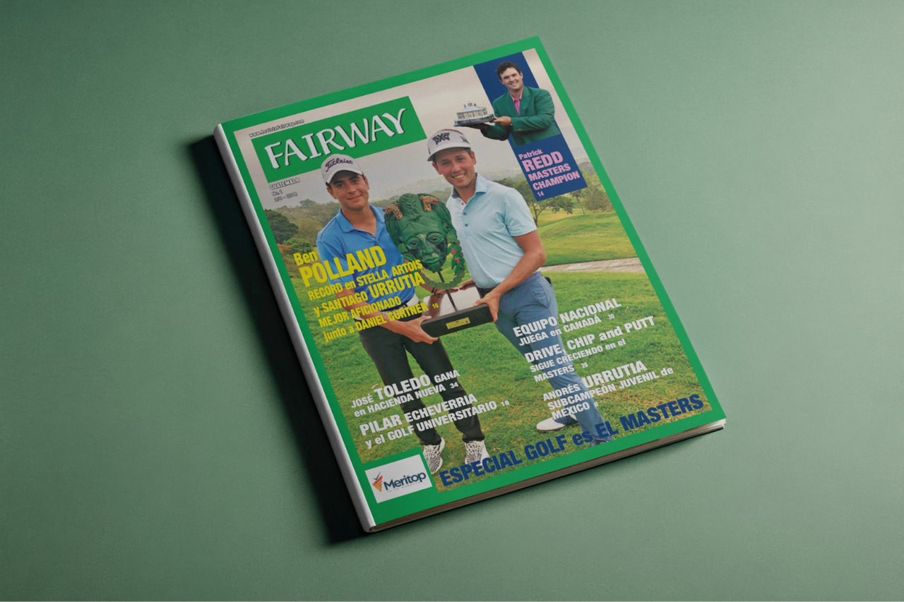 Portada de la edición número 1 de Revista Fairway Guatemala con Ben Polland, trofeo del Stella Artois Open y Patrick Reed con la chaqueta verde.