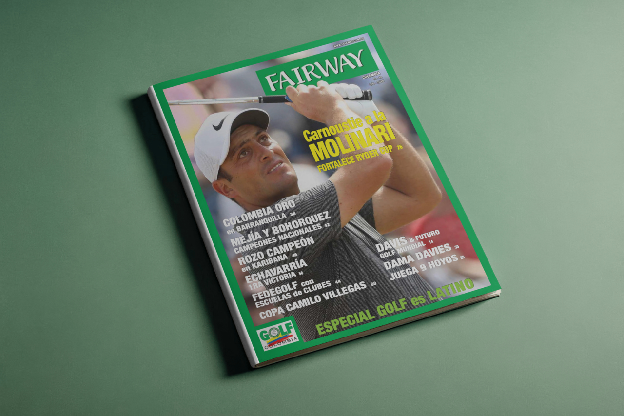 Portada de la Revista Fairway Colombia número 40, con Francesco Molinari celebrando con la Jarra de Clarete y noticias sobre el golf colombiano en Barranquilla.