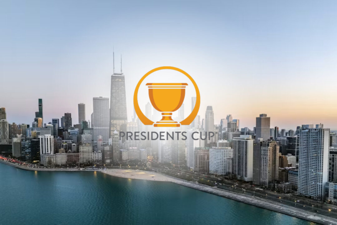 Logo del Presidents Cup 2026 sobre el skyline de Chicago Illinois