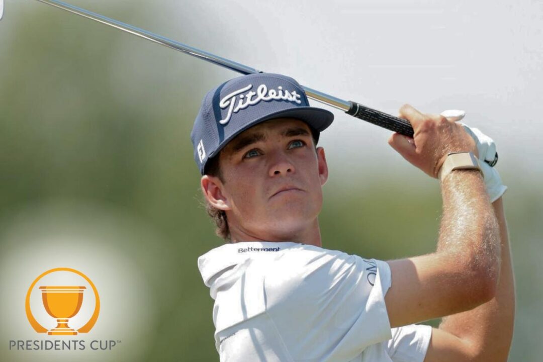 Jackson Koivun celebra su victoria ante Si Woo Kim durante los singles de la Presidents Cup 2026.