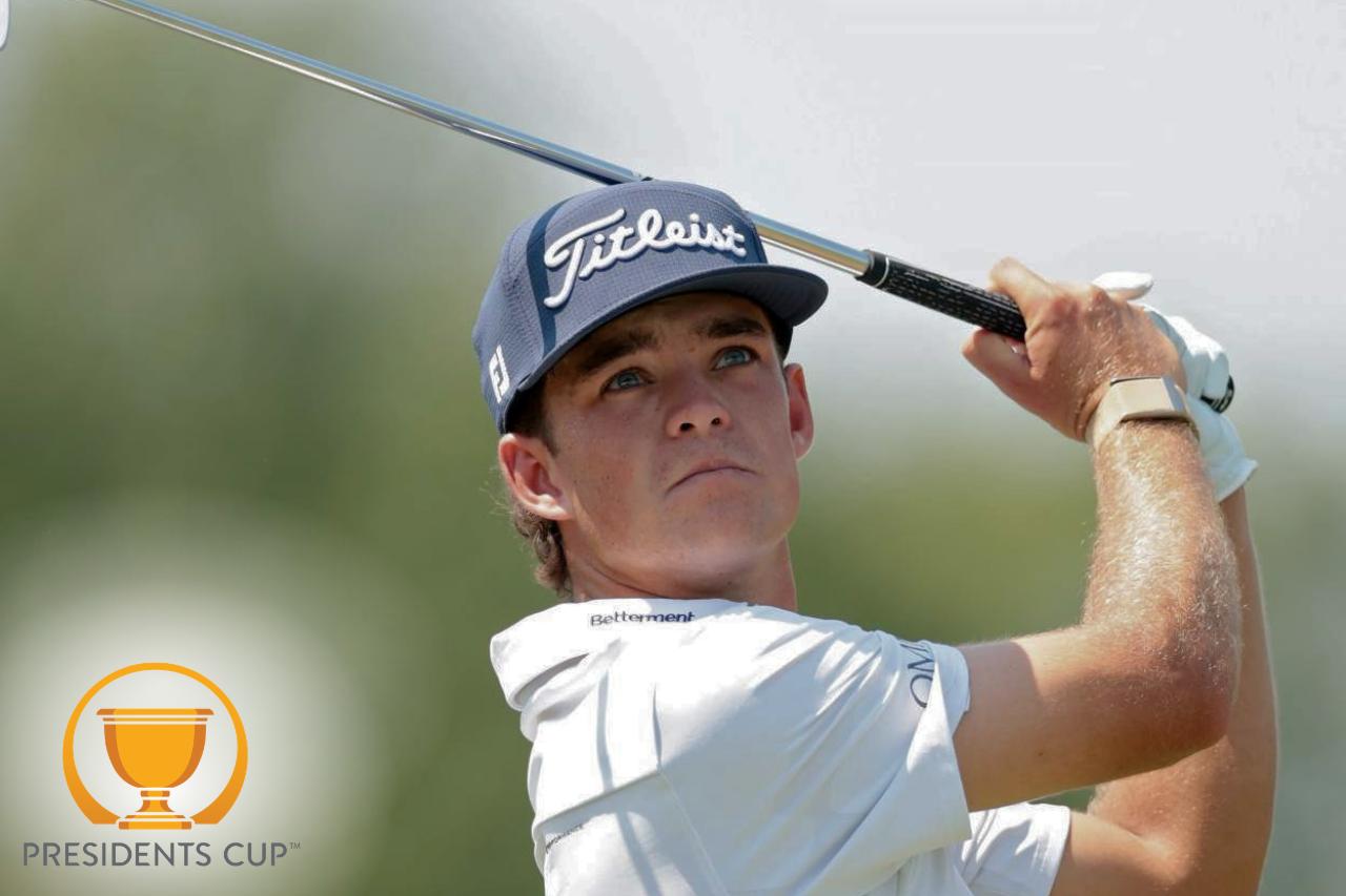Jackson Koivun celebra su victoria ante Si Woo Kim durante los singles de la Presidents Cup 2026.