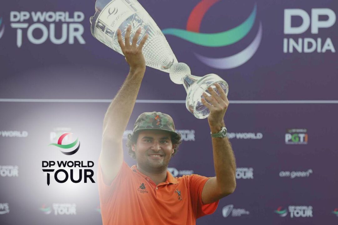 Eugenio Chacarra celebra su victoria en un torneo del DP World Tour.