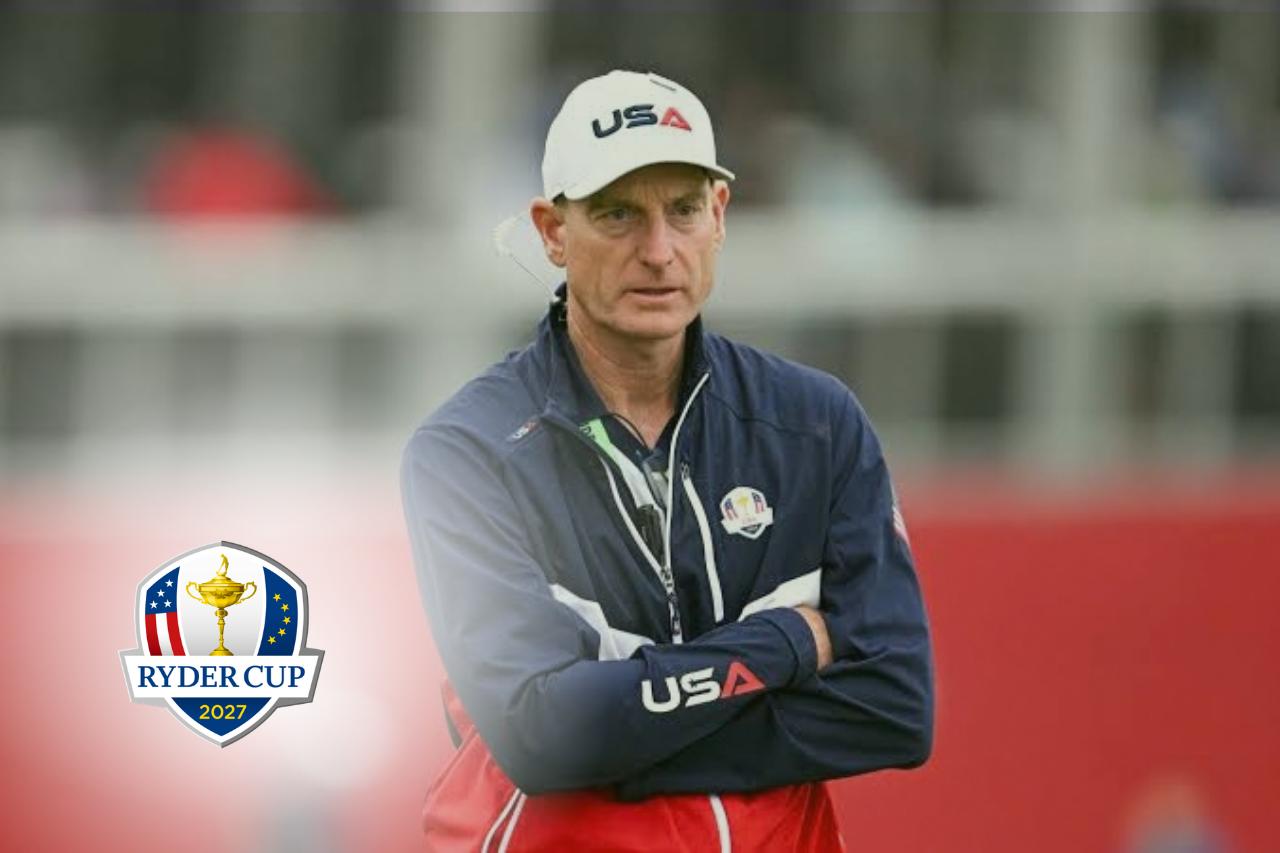 Jim Furyk y Luke Donald durante un acto previo a la Ryder Cup 2027.