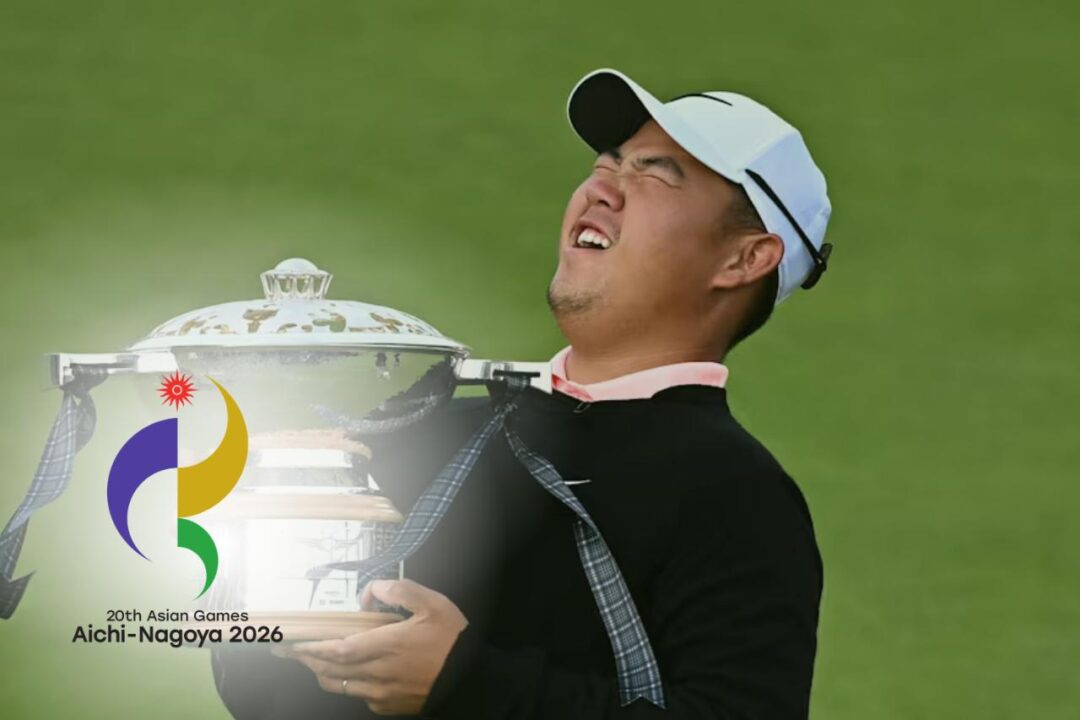 Tom Kim celebra la medalla de oro tras ganar el torneo de golf de los Juegos Asiáticos 2026.